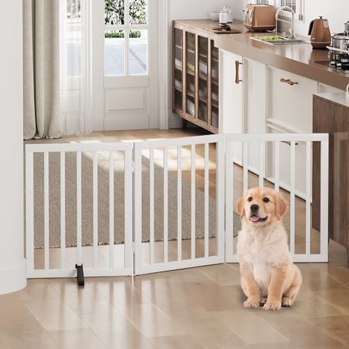 Dog Gates for Doorways, Foldable Dog Gate Indoor, Freestanding Pet Gates for Doorways Bedroom, Puppy Gate with Metal Support Feet, Room Divider 3 Panels (White)
