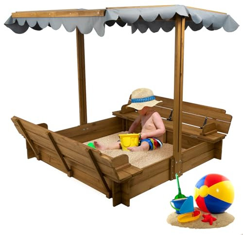 PetsCosset Caja de arena de madera con tapa, caja de arena para niños con cubierta para exteriores, caja de arena con 2 asientos plegables para patio trasero (47 x 47 pulgadas), resistente a los rayos