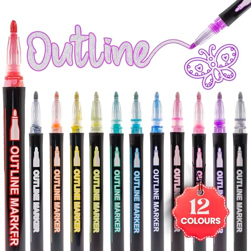 JUSTDOODLE 12 x Metallic Outline Marker Pens, Coloured Glitter Pens with Double Line Feature, Ideal Gifts for Girls, Art Supplies, Scrapbook & Stocking Filler for Kids, 12 Multicolour Pens