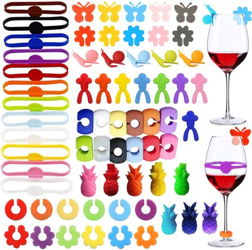 DKDDSSS 67 Pezzi Segnabicchieri Silicone, Segna Bicchieri Calici, Segnabicchiere Silicone, Riutilizzabili, Segnabicchieri Colorati, Per Varie Tazze, Forniture per Decorazioni