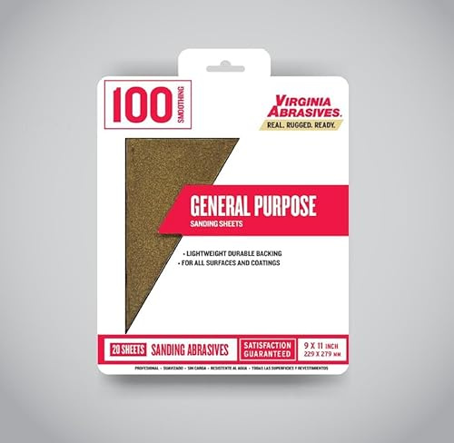 Virginia Abrasives 9” x 11” General Purpose Sandpaper Sanding Sheets, 100 grit, 20 Pack