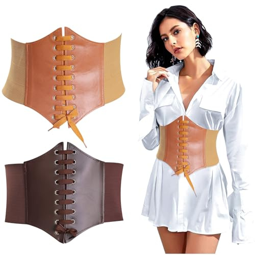 2 stycken korsett bälte damer, korsett bälte brett midjebälte, snörbälte PU-läder brun för klänning rock skjorta cosplay kostym halloween fester evenemang