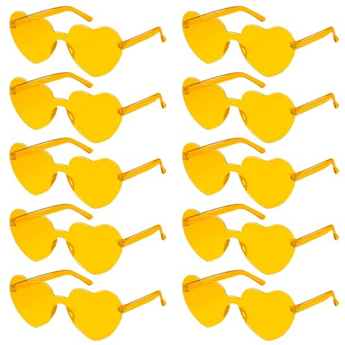 SelfTek Lunettes Cœur, 10 Paires Lunettes en Forme de Cœur, Lunettes De Soleil Coeur, Lunette Soiree de Fête pour Anniversaire, Mariage, Carnaval, Accessoires Photo pour Femmes, Hommes(Jaune)