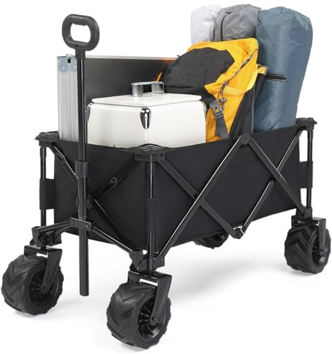 LEADZM Chariot à roulettes Tout Terrain, Capacité portante 91KG 200lbs, 107x54x91 cm, Chariot de Plage Pliable pour Extérieur Camping Festival,Courses,Jardin (Noir)
