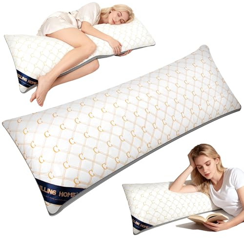 Chilling Home Pregnancy Pillows for Sleeping, Full Body Pillows for Adults Embroidered Quilted Bolster Pillow, Large Maternity Pillow with Silky Cover (White-golden)