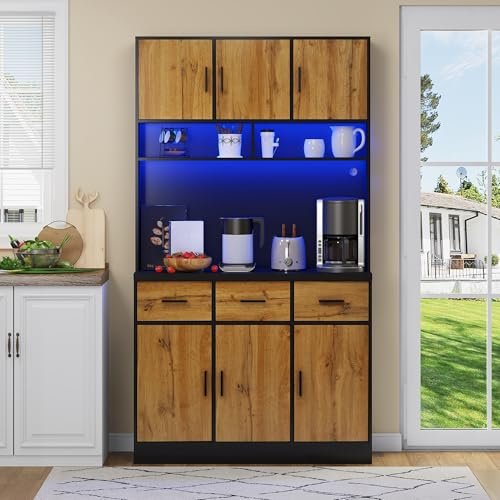 LAKFEW Alacena de Cocina con Enchufe y Iluminación LED, Armario Cocina con 6 Puertas y 3 Cajones, Alacena Cocina con Estantes Ajustables y Dispositivo Antivuelco, 100x40x180 cm, Negro+Natural