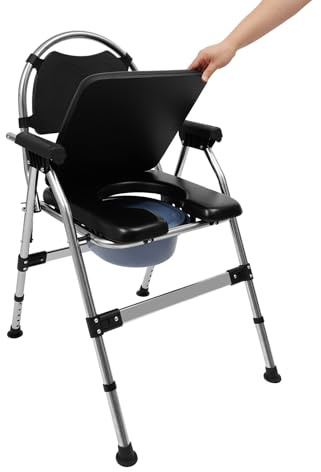 Faltbare Toilettenrollstuhl mit Bettpfanne,Stuhlbreite 60-65 cm,Gesamthöhe 88-96 cm,Anti-Rutsch Toilettenhilfen Profi Pflege Nachtstuhl,Max. 150kg, Öffnungswinkel 108°