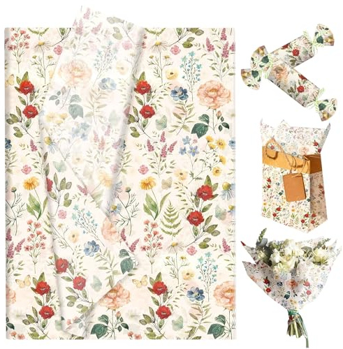 JeVenis Wildflower Floral Tissue Paper Gift Wrapping Paper Flowers Packaging Patterned for Baby Shower Wedding Birthday Bridal Shower Party Decor 50 Sheets