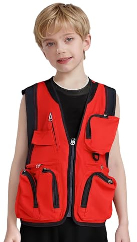 Kaerm Chaleco de pesca para niños y jóvenes, ligero, transpirable, con varios bolsillos, para tiempo libre, camping, caza, pesca, sin mangas, chaqueta de pesca