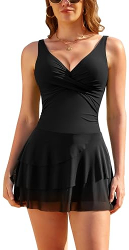 SHEKINI Womens One Piece Tummy Control V Neck Cross Front Swim Dress Black