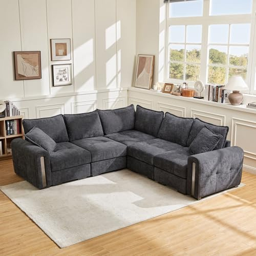 Vesgantti 5 Seater L Shape Modular Corner Sofa with Storage, Black Chenille