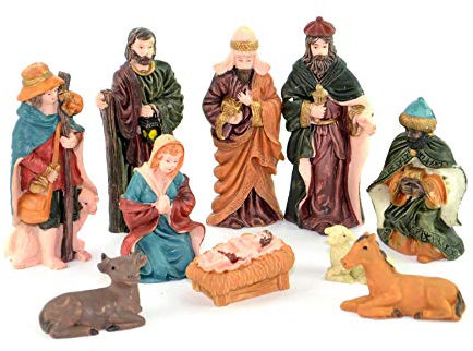 SHATCHI Small/Large Handmade Nativity Scene Birth Jesus Christ Wooden Stable and 10pcs/12pcs Figurine House Sculpture Christmas Decoration Xmas Décor, Multicolour, 10pcs Figures
