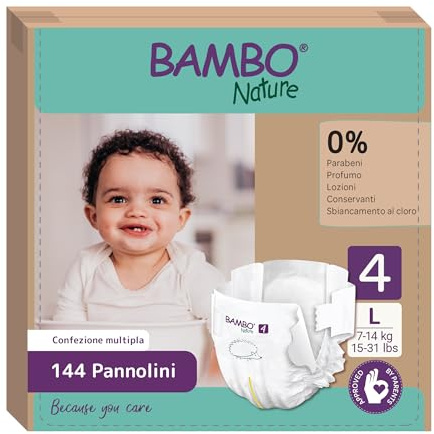 Bambo Nature Pannolini per bambini taglia 4 (7-14 kg) 144 pz. Scatola mensile | Pannolini premium con una migliore protezione dalle perdite | Massimo comfort per i neonati | Dermatologicamente testati