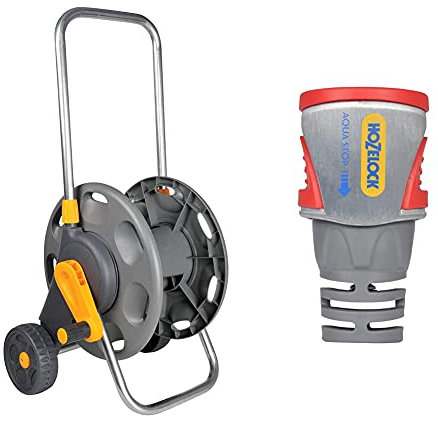 Hozelock 2398P0000 60m Hose Cart without hose & 2035P0000 Pro Metal AquaStop Connector (12.5mm & 15mm), Silver