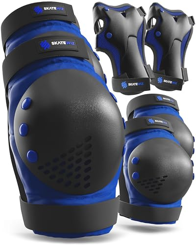 SKATEWIZ Knieschoner Kinder Schoner Inliner Kinder - Inliner Schoner Knieschützer - Protektoren - Knie und Ellenbogenschützer - SMASH Größe M/L Blau Schwarz