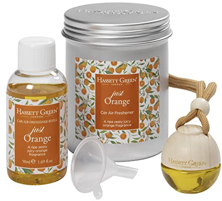 Hassett Green London Just Orange Car Air Freshener & Refill Kit | Empty wooden-top freshener & 50ml oil, Ripe, juicy citrus aroma, Refillable design, For cars & small spaces