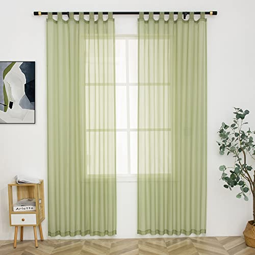 MUMFAS 2 Panel Tab Top Sheer Window Curtains Loop Voile Drapes Semi Transparent Window Curtains for Living Room Divide Bedroom （Sage Green 52X108 Inches 2 Panels）