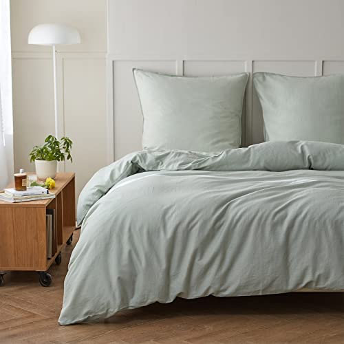 Simple&Opulence Halbleinen Bettwäsche 135x200, Atmungsaktiver Bettbezug Set aus Baumwolle und Leinen mit 80x80 cm Kissenbezug,Oeko-TEX Sommerbettwäsche 2tlg,Mintgrün