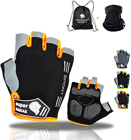 super NADIAK Nouveaux Gants de vélo d'été Demi-Doigts pour vélo Respirant antidérapant pour Homme et Femme (Noir/Orange, Medium)