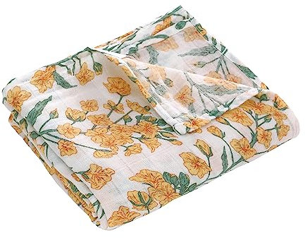 amo nenes Musselin Tuch Baby, Musselin Decke für Babys Musselin Spucktuch Kinder Bambus Baumwolle atmungsaktive Baby Puckdecke, 110 x 150cm Spucktuch Sommerdecke Einzelschicht-Gelbe Blumen