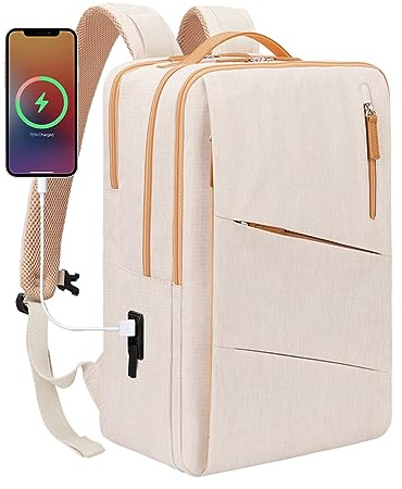 Hp hope Laptop Backpack for Women Travel, Durable Backpacks Carry On, with USB Charging Port, Fits 15.6 Inch Laptop, Waterproof, Resistant Luggage Business Weekender Bag, Beigeplus