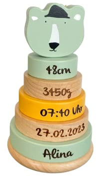 KIDSLINO Torre apilable de madera Mr. Polar Oso I Juguete infantil personalizado I Regalo de nacimiento