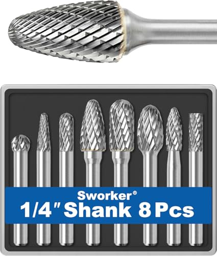 Sworker 8Pcs Carbide Burr Set 1/4 Shank w/Clear Box Max Head Dia 10mm Die Grinder Bits Rotary Tools Attachment Kit Rasp Accessories Metal Wood Stone Steel Grinding Deburring Cutting Porting Carving