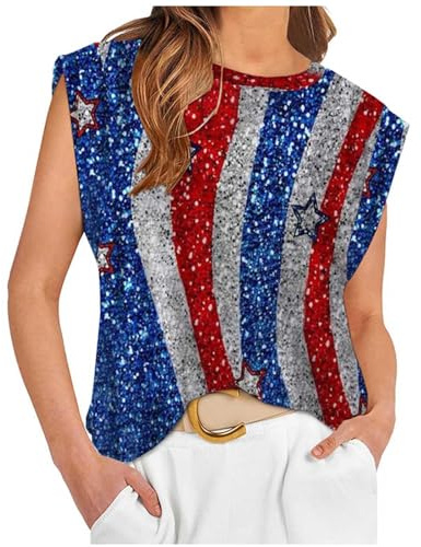 Débardeur Sport Femme Rayé Imprimé Jour de l'indépendance T-Shirt sans Manche Col Rond Top Gilets D'été Tank Tops Casual Lâche Respirant Hauts de Plage Décontracté Tee Shirt pour Sortir Vacances