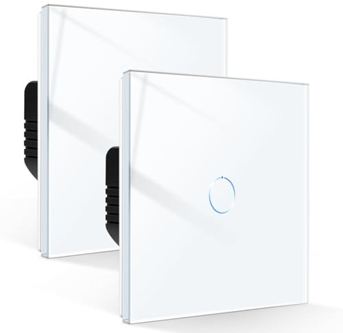 CNBINGO Touch Lichtschalter,Glas Lichtschalter Unterputz 1 Fach 2 Weg Wandschalter mit Glasrahmen 86mm Touch Schalter,Weiß,2 PCS