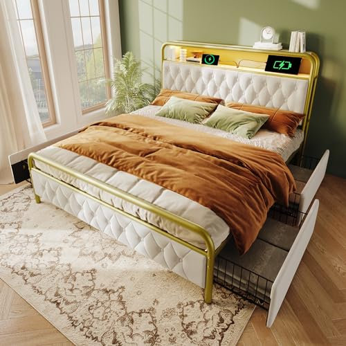 FEZTOY Polsterbett 180x200 mit Stauraum-Kopfteil und 4 Schubladen, LED Metallbett Betten mit Typ-C- & USB-Anschlüssen, Doppelbett mit Lattenrosten aus Metall, Samt, Ohne Matratze