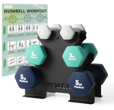 PhysKcal Kurzhantel Set, Hexagon Hantelset mit Stahl Hantelständer, 2 x 1 kg, 2 x 3 kg, 2 x 5 kg, Mattes Finish, Neopren-Beschichtung, Krafttraining