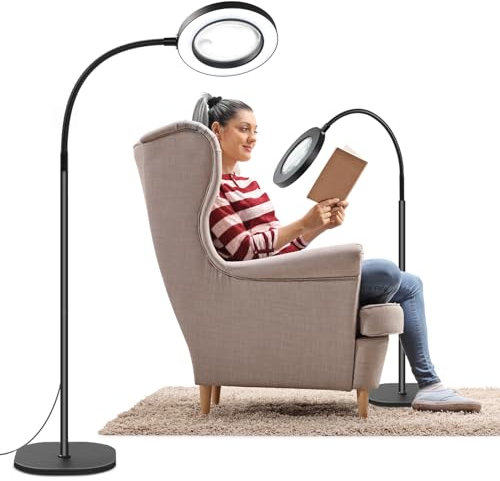 NZQXJXZ 5X 10X Lupe mit Licht und Ständer, 2-in-1 Lupenbrille mit 72 Einstellbaren Helligkeits-LEDs, Flexible Schwanenhals Boden Stehend Lupenlampe für Enge Arbeit, Handwerk, Lesen, Nähen