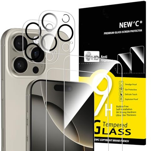 NEW'C 2 x Pellicola Vetro Temperato per iPhone 16 Pro (6,3 pollici) e 2 x Pellicola Vetro Protettiva Fotocamera Posteriore - Ultra Resistente - Strumento di facile installazione incluso