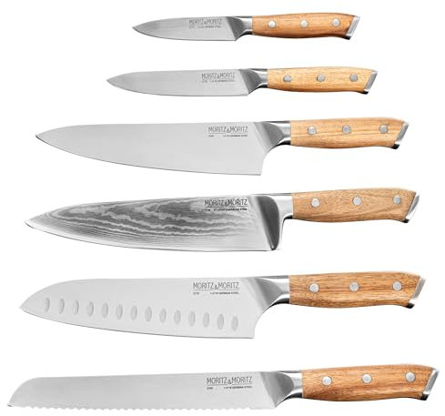 Moritz & Moritz Profi Küchenmesser Komplett-Set mit Damastmesser, Santoku-Messer, Kochmesser, Brotmesser, Universalmesser & Gemüsemesser aus deutschem Messerstahl & mit Akazienholz Griff