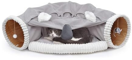 Katzentunnel mit Schlafplatz, Tunnel für Katzen mit Hängendem Ballspielzeug, Abnehmbares Katzenbett und Katzenspielzeug Katzenspielplatz Waschbares Interaktives Spieltunnelspielzeug, Grau