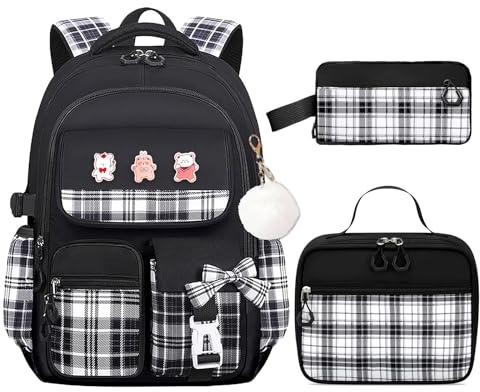 Daxuoyo 3PCS Girls Backpack Set for School - Cute Kids Bookbag with Lunch Box & Pencil Case, Stylish Backpack Combo for Girls Preschool Elementary Middle High School Students Teens Black