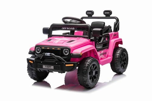 Voiture électrique pour Enfants Offroad New avec Traction arrière, Rose, Batterie Lithium, châssis Haut, siège Large, Suspension arrière, télécommande 2,4 GHz, Lecteur MP3 avec USB/AUX, lumières LED