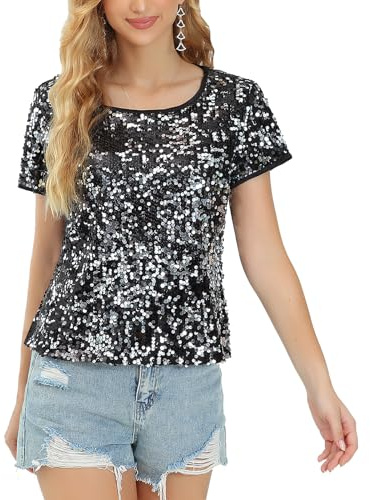 Haut à paillettes pour femme - Manches courtes - Col rond - T-shirt décontracté élégant - Blouses festives - Disco - Tenue d'été