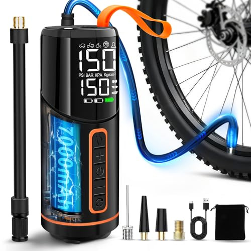 Dictien 150PSI Pompe a Velo Electrique, 7000mAh Gonfleur Pneus Voiture Sans Fil, Compresseur à Air Portatif Avec Écran LED Numérique et Éclairage LED, Gonfleur Electrique Pneu pour Voiture, Vélo, Moto