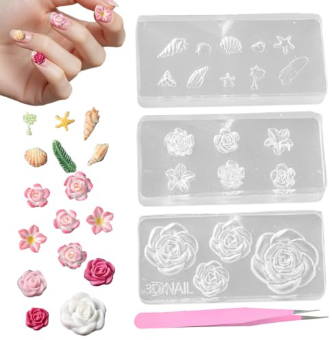 DULZEN 4 Piezas Molde Silicona 3D Flores para Arte de Uñas, Molde de Fundición de Flores Pequeñas, Plantilla de Uñas para Arte de Uñas de Gel,Decoraciones de uñas DIY y decoraciones de resina