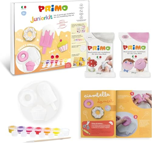 PRIMO Junior Kit - Pasta Modellabile Autoindurente Testata, Set 2 Panetti Simil Argilla da Modellare, Tempere 7 Colori per Bambini, 1 Pennello Pittura, 1 Formina e Libretto - Giochi Lavoretti Creativi