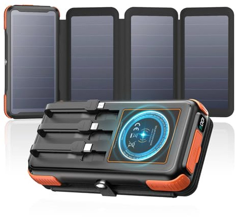 A ADDTOP Caricatore Solare 25000mAh - Wireless Power Bank Solare Caricatore Portatile con 4 Pannelli & 3 Cavi - 20W USB C Ricarica Rapida Batteria Esterna PD QC 3.0 Caricabatterie Portatile per Phone