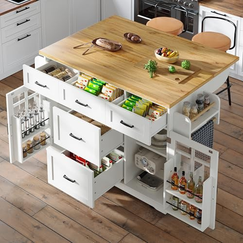Kebnor Isola da cucina, credenza, 140 x 40 (63,5 x 95 cm, carrello da servizio, isola da cucina mobile, carrello da cucina con ruote, ripiani regolabili in altezza, due porte, cinque cassetti, bianco