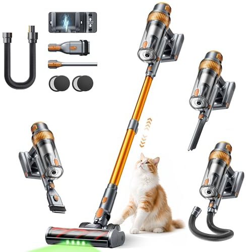 50KPA/600W/65Min (Eco) Aspiradora sin Cable, Aspirador Escoba Vertical, Incluye Manguera de 1M, Cepillo Anti-Enredo con Luz, Modo Automático, Carga Pared, para Pelo de Mascotas/Suelos/Alfombras/Coche