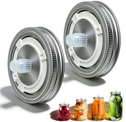 Fermentation Lids for Wide Mouth Mason Jars 86mm, 2 Stainless Steel Fermenting Jar Lid with Date Tracker & One-Way Airlock Valve for DIY Sauerkraut, Kimchi, Pickles, Fits 16oz 24oz 32oz 64oz Jars