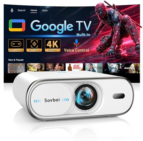 4K Projector with Google TV:3000 Brightness/Auto Lens Cap & 4D Keystone/Auto Focus & AI Voice Control, Sovboi Portable Outdoor Projector with WiFi & Bluetooth, Smart Movie Proyector for Streaming Apps