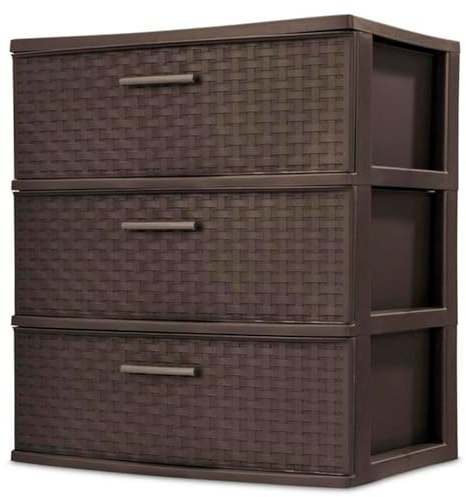 Sterilite Wide 3 Drawer Weave Tower Home Plastic Organizer with Handles, Espresso - Tall Vertical Storage Unit for Bedroom, Closet, Bathroom, Dorm Room, and Office Organization