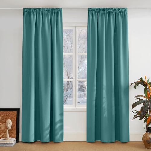PONY DANCE Thermal Curtain – Living Room Thermal Blackout Curtains and Draperies for Indoor Ruffle Tape for Girls Boys Bedroom without Drilling, Turquoise Blue, 140 x 245 cm, Pack of 2