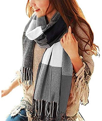 heekpek Sciarpa Donna Invernale Elegante Lunghe Sciarpa Tartan Calda Morbida Colorata Scialle Donna Invernale Cashmere con Frange, Nero-A