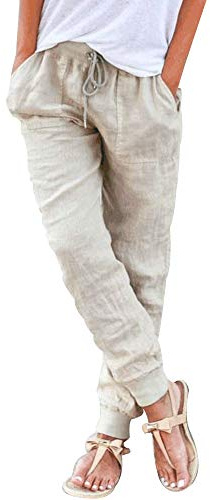 Puimentiua Womens Tapered Pants Cotton Linen Drawstring Back Elastic Waist Pants Casual Trousers with Pockets Khaki